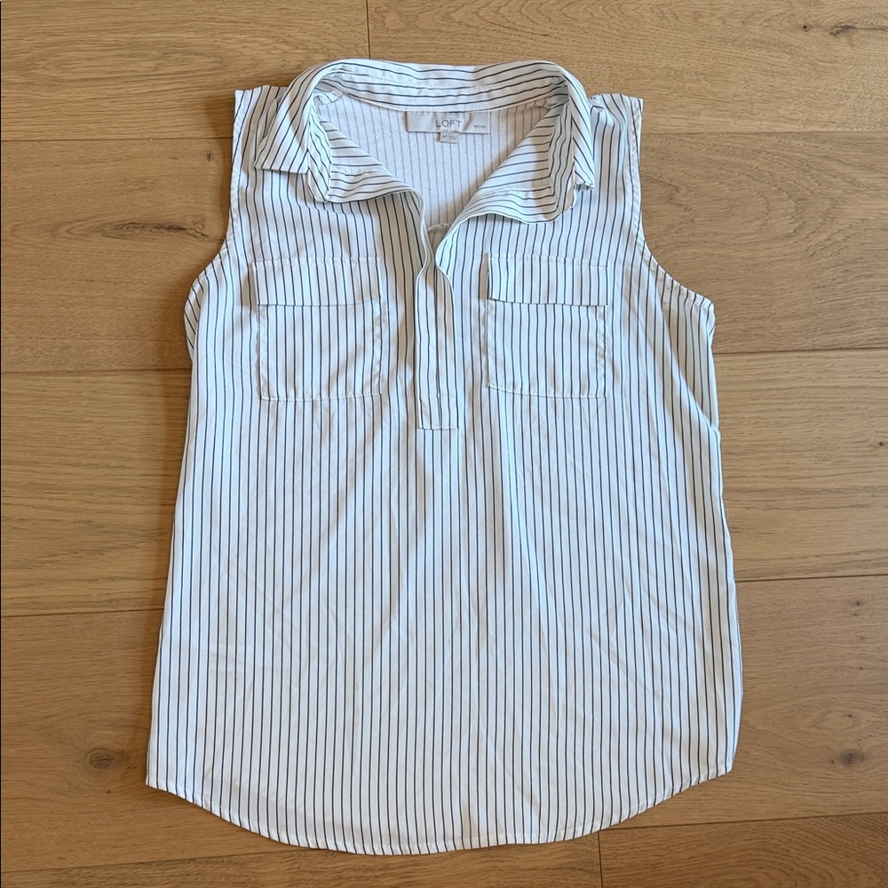 LOFT White Sleeveless Collared Shell with Navy Pinstripes